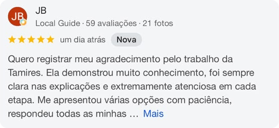 Avaliação 5 estrelas no Google de JB sobre o atendimento da Tamires